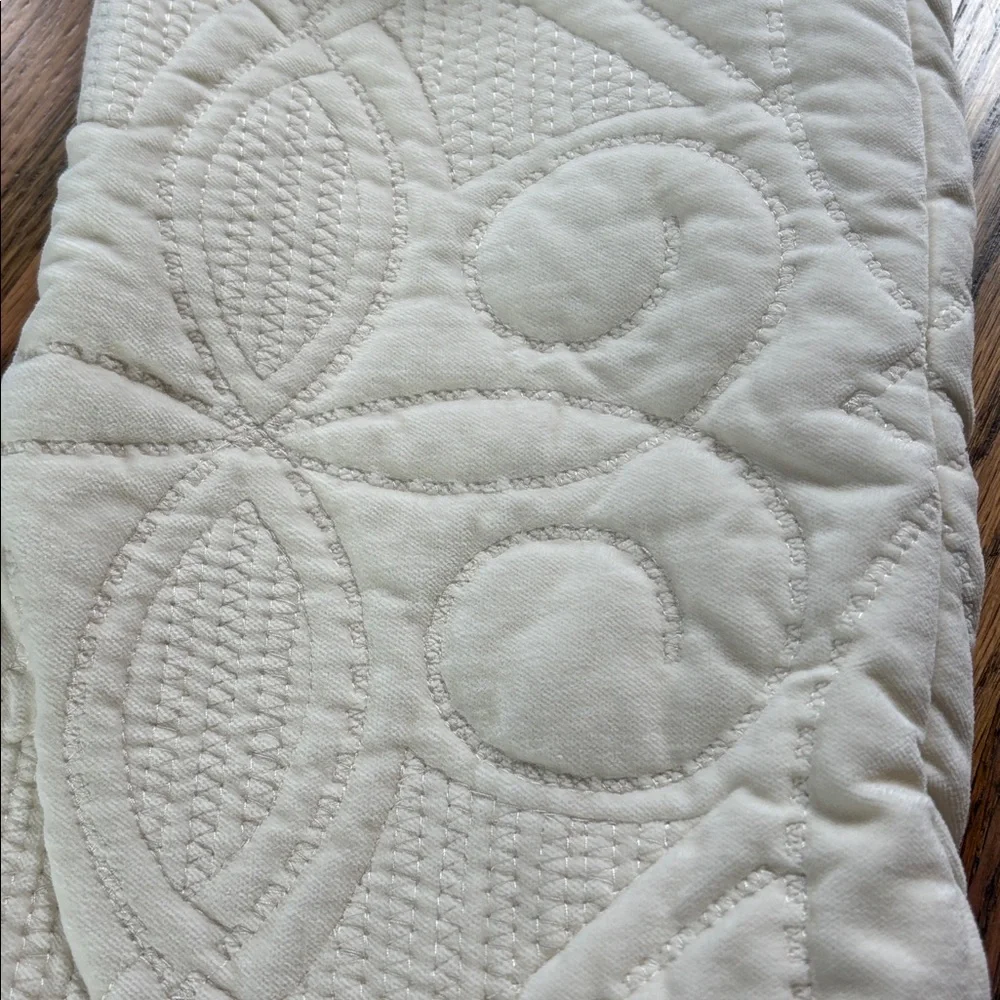 Pottery Barn cream colored quilted stocking with Jessica embroidered